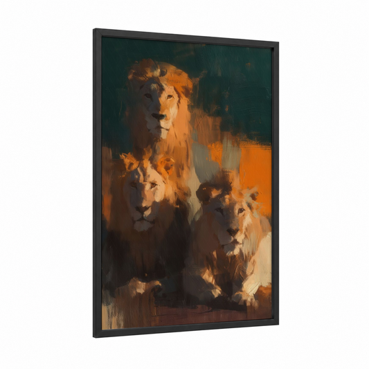 Golden Lion Pride framed art print — black wood frame — gold and dark green palette