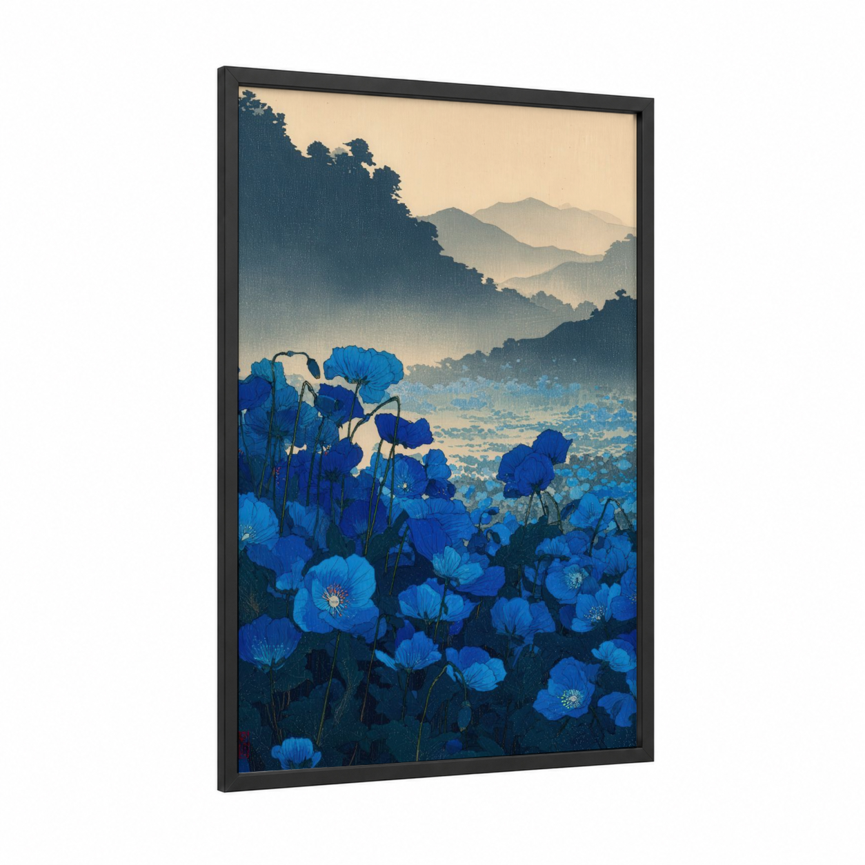 Blue Poppies Mountain framed art print — black wood frame — blue and cream palette