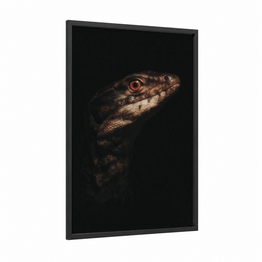 Amber-Eyed Lizard framed art print — black wood frame — brown and black palette