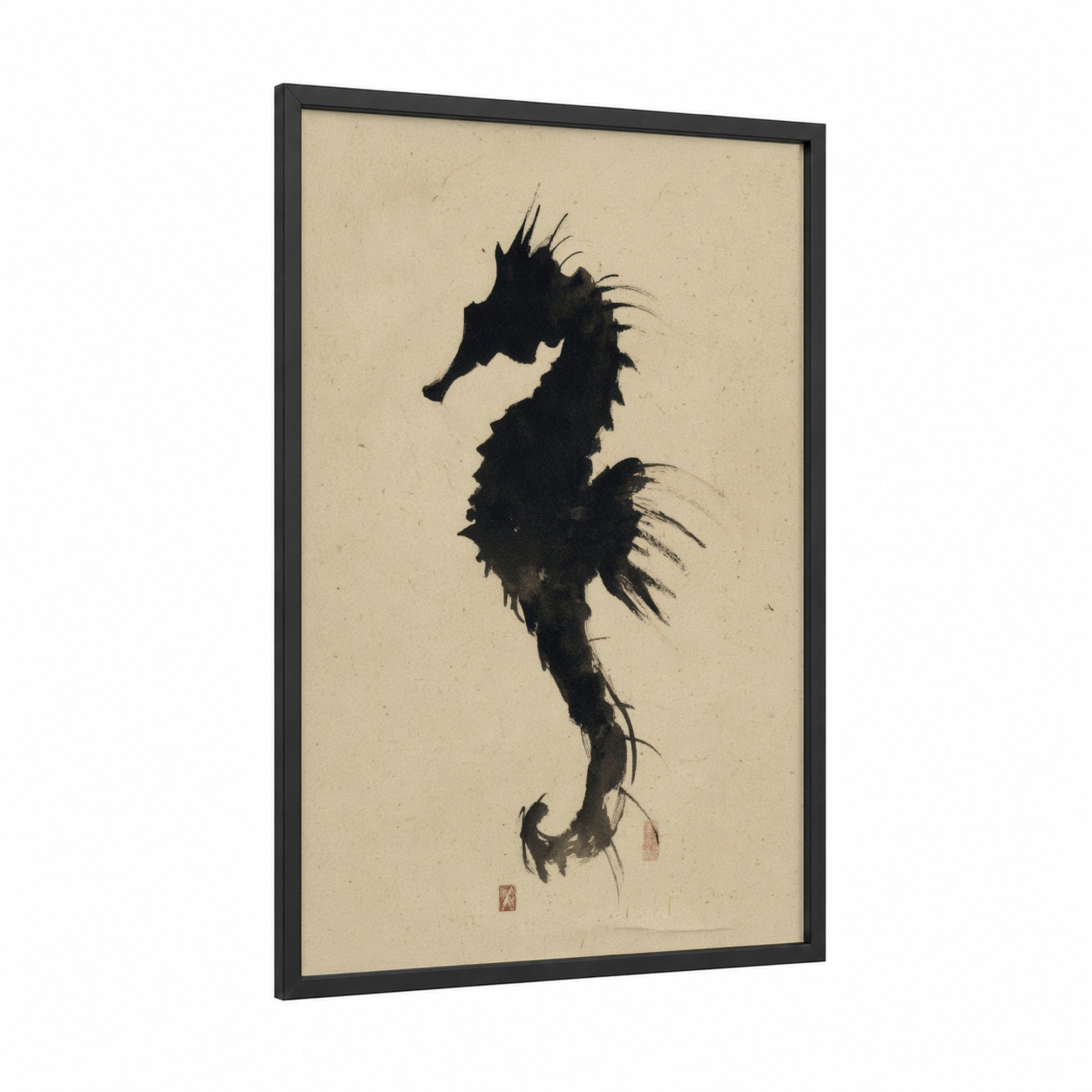 Elegant Sea Horse framed art print — black wood frame — black and cream palette