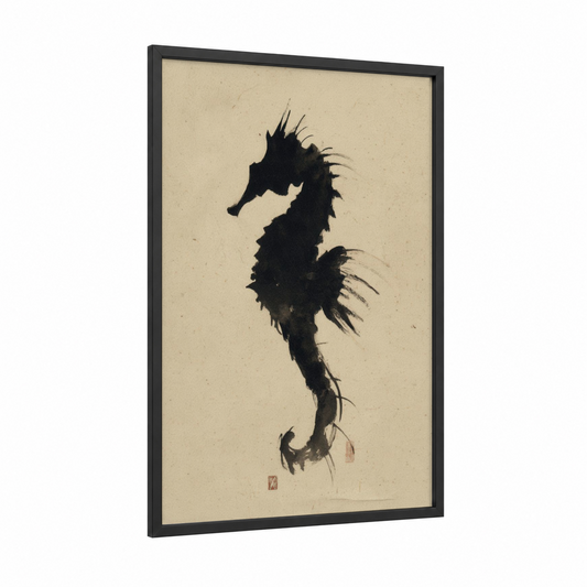 Elegant Sea Horse framed art print — black wood frame — black and cream palette