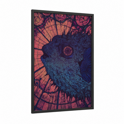 Cosmic Puffer Fish framed art print — black wood frame — dark blue and salmon pink palette