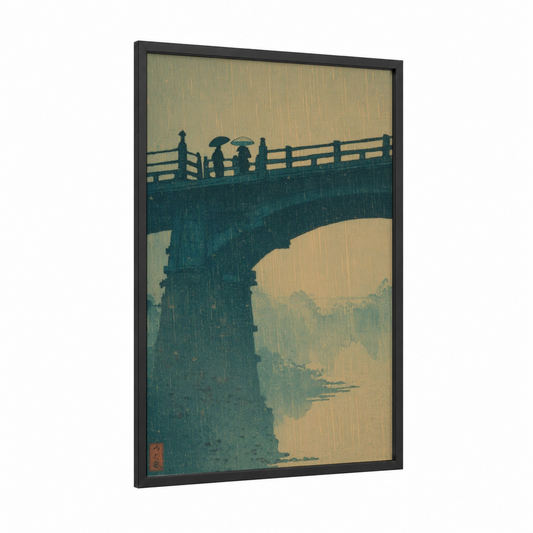 Rainy Bridge Crossing framed storm print — black wood frame — teal and cream palette