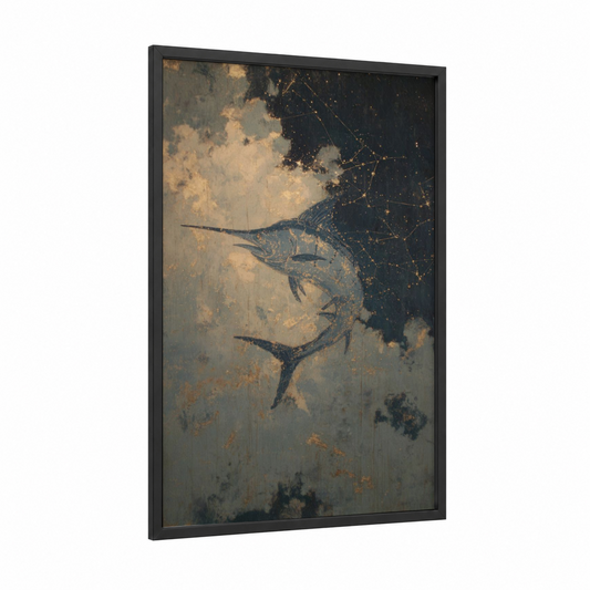 Celestial Marlin framed art print — black wood frame — gold and dark blue palette