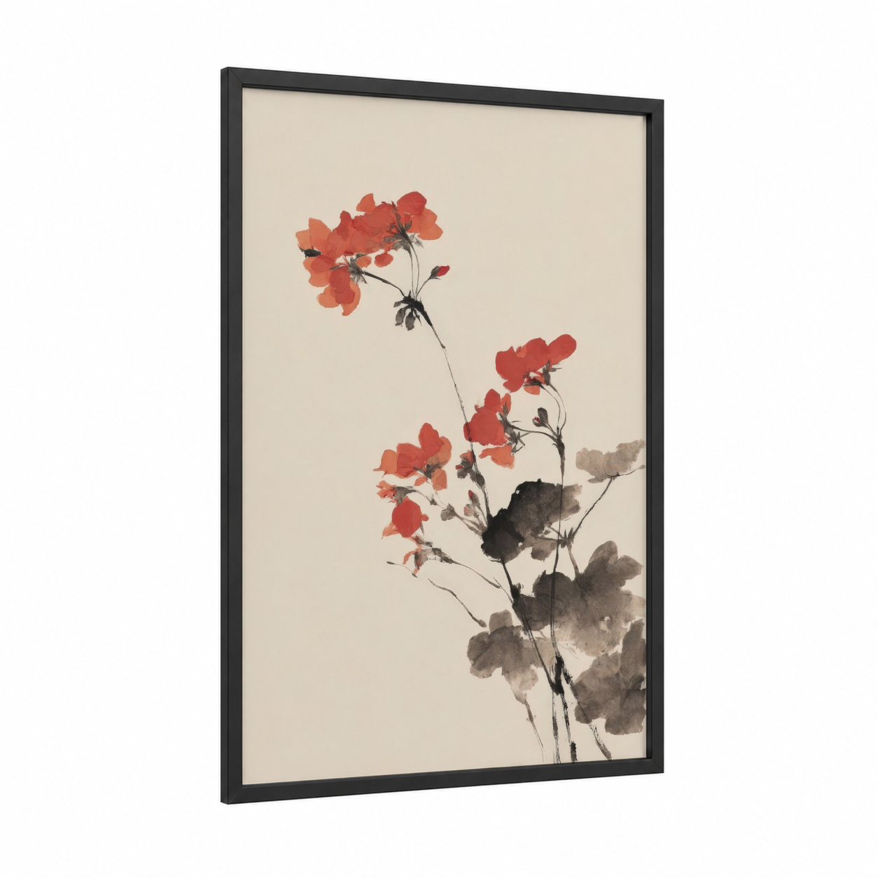 Crimson Geranium framed art print — black wood frame — red and cream palette