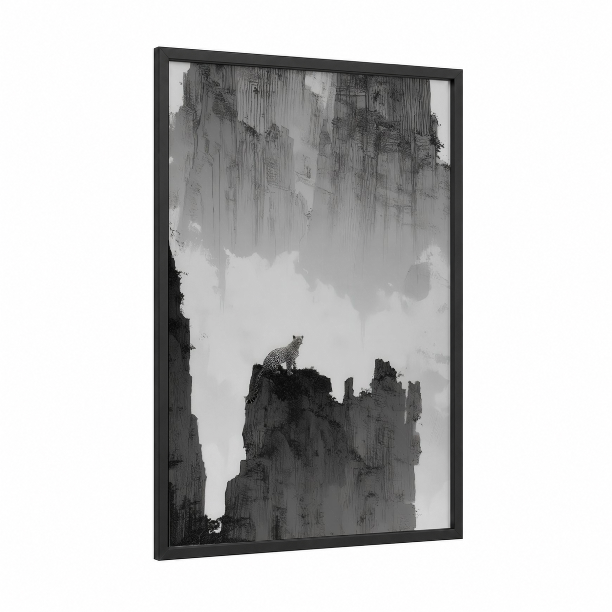 Urban Leopard framed art print — black wood frame — black and white palette