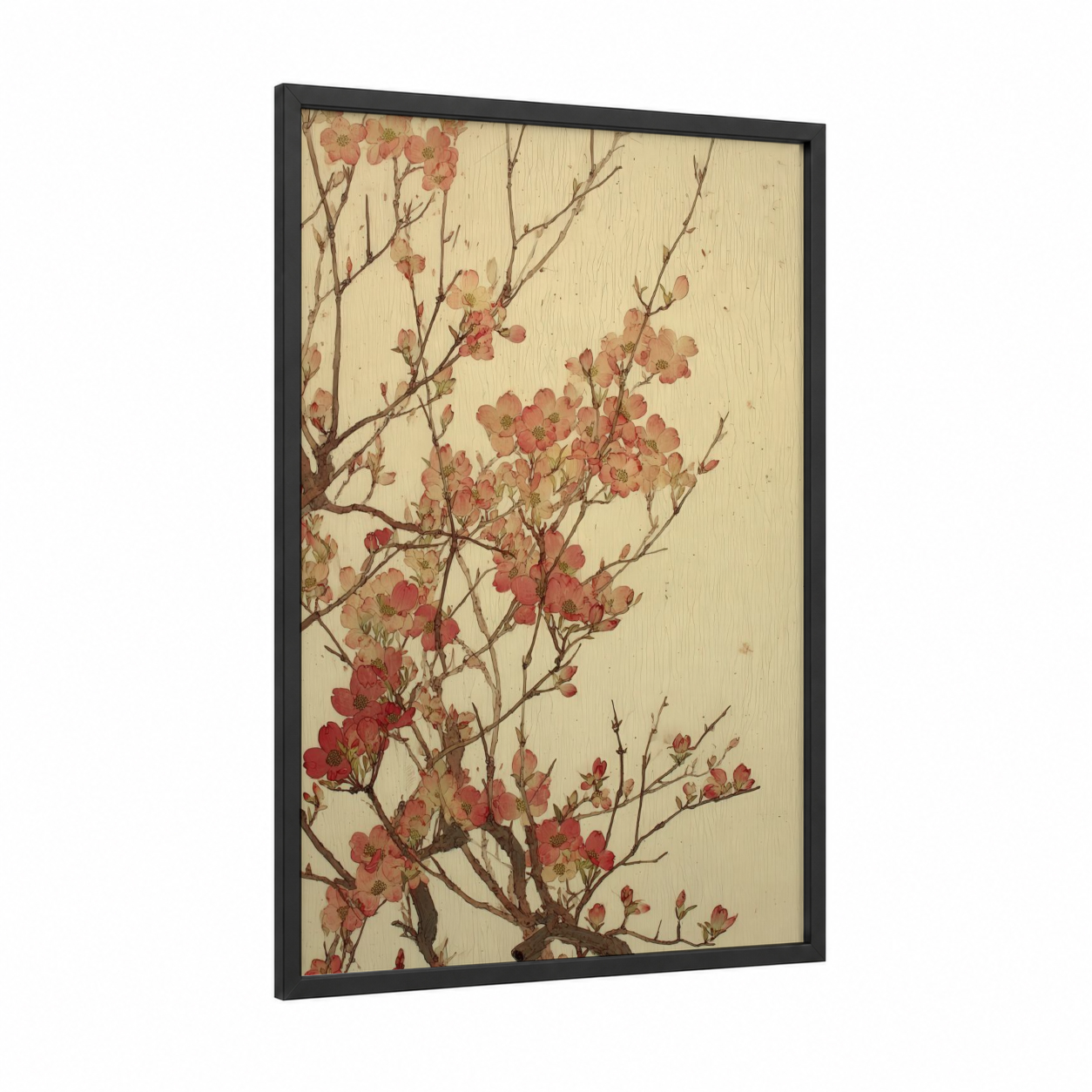 Crimson Dogwood Blossoms framed art print — black wood frame — cream and russet palette