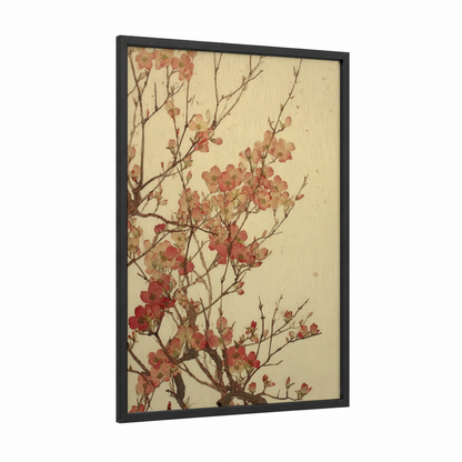 Crimson Dogwood Blossoms framed art print — black wood frame — cream and russet palette