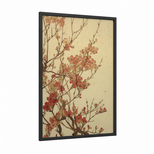 Crimson Dogwood Blossoms framed art print — black wood frame — cream and russet palette