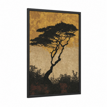 Windswept Acacia framed savanna and desert trees print — black wood frame — gold and black palette