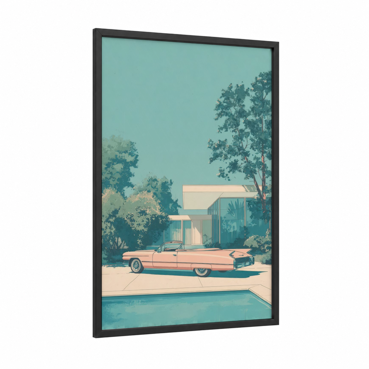 Poolside Cadillac framed classic car print — black wood frame — turquoise and peach palette