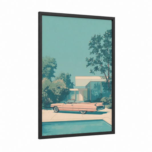 Poolside Cadillac framed classic car print — black wood frame — turquoise and peach palette