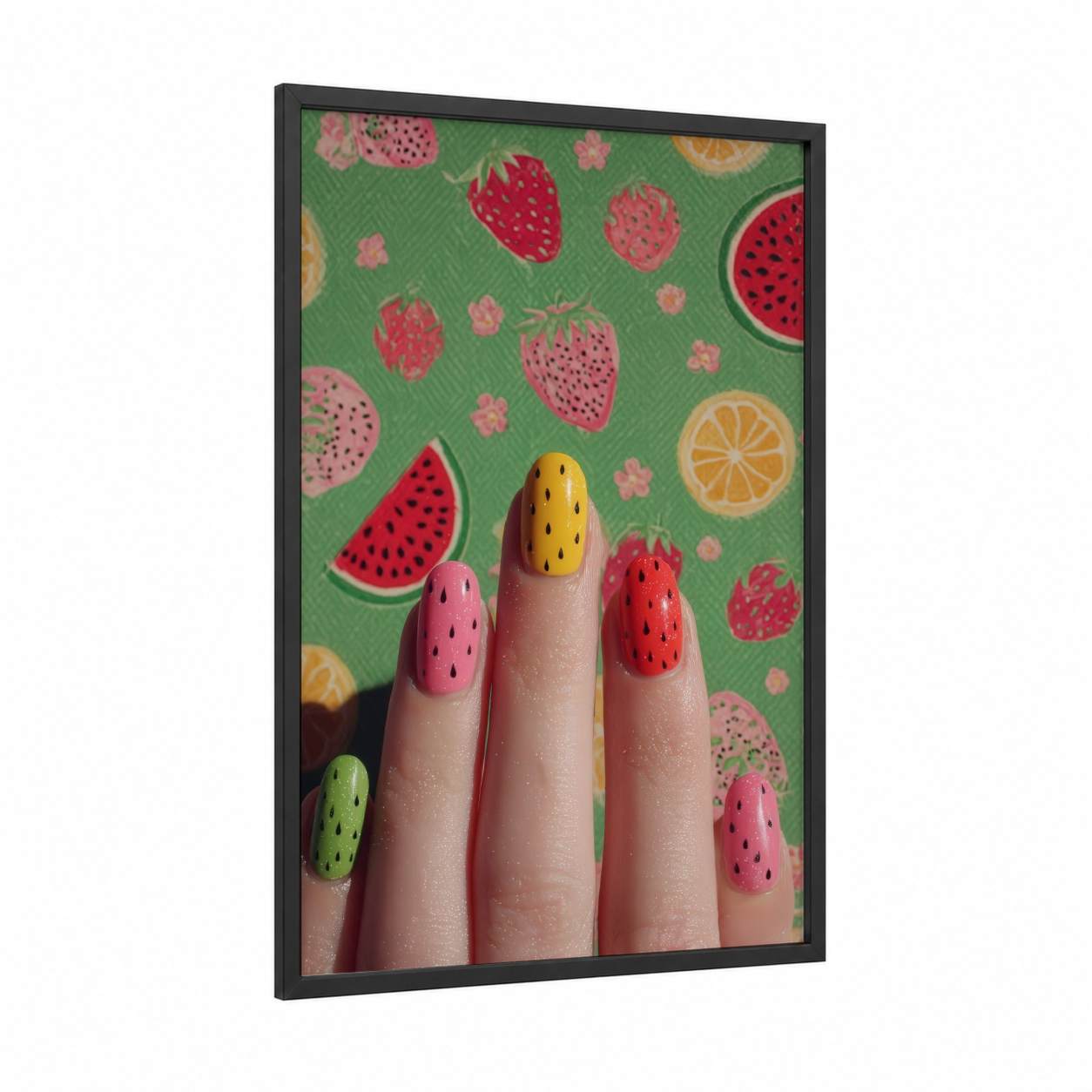 Fruity Nail Art framed art print — black wood frame — pink and green palette