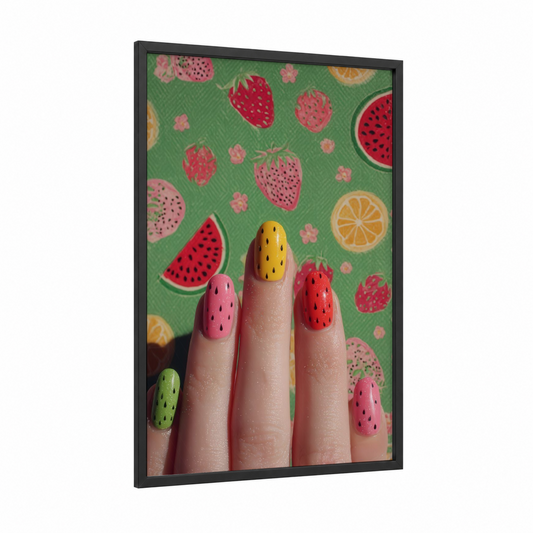 Fruity Nail Art framed art print — black wood frame — pink and green palette