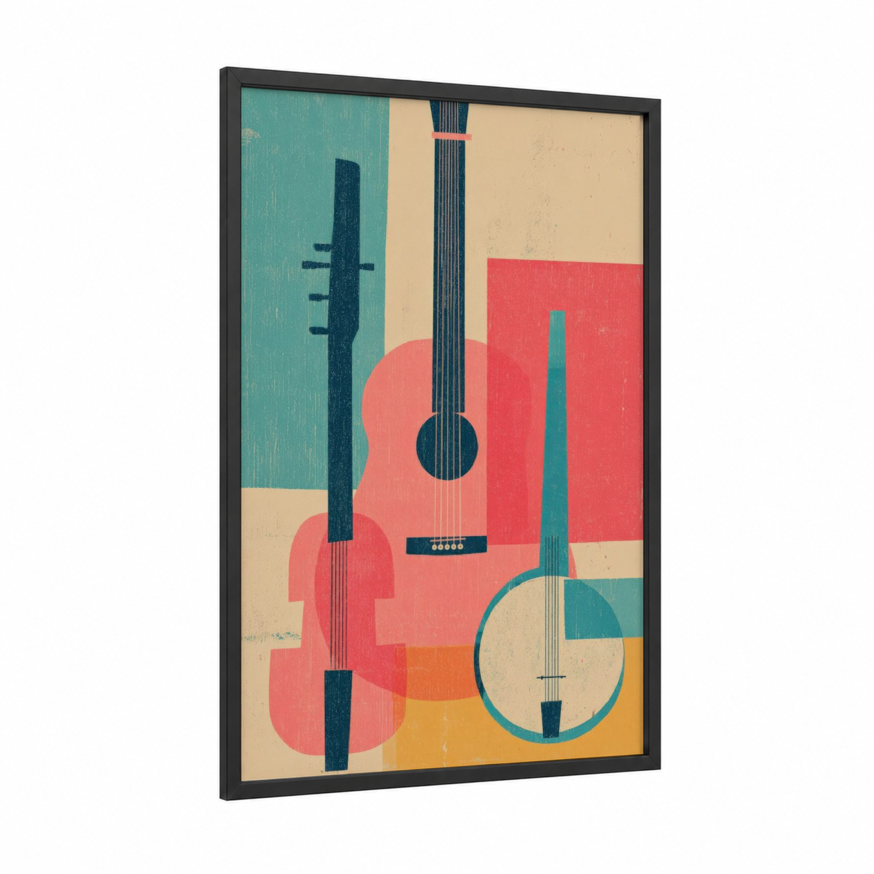 Country Harmony framed art print — black wood frame — salmon pink and teal palette