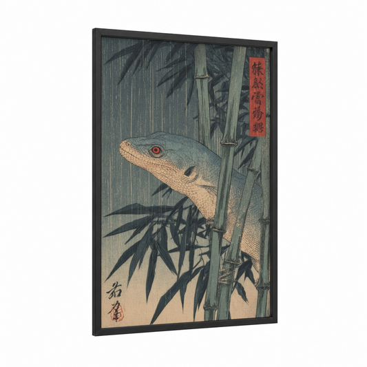 Bamboo Lizard framed art print — black wood frame — light green and peach palette