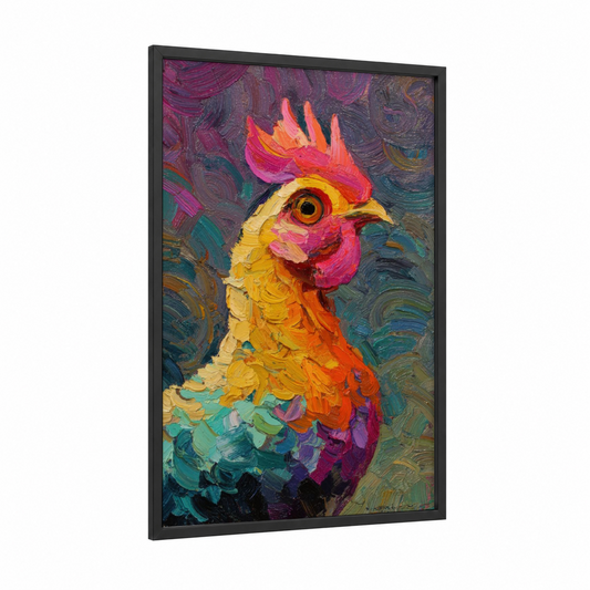 Vibrant Rooster framed chicken and roosters print — black wood frame — magenta and gold palette