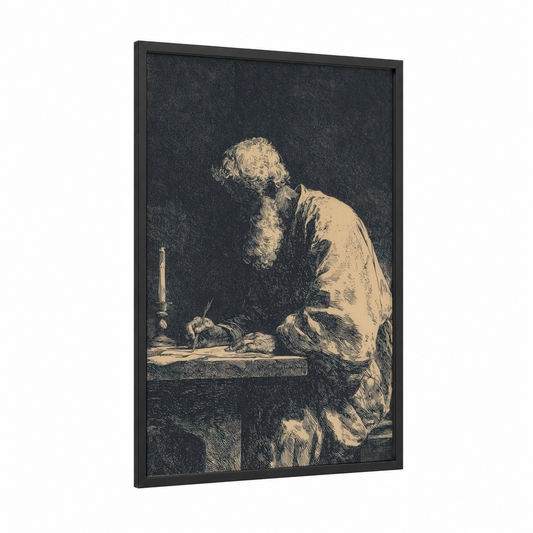 Contemplative Saint Peter framed st. peter print — black wood frame — black and white and cream palette