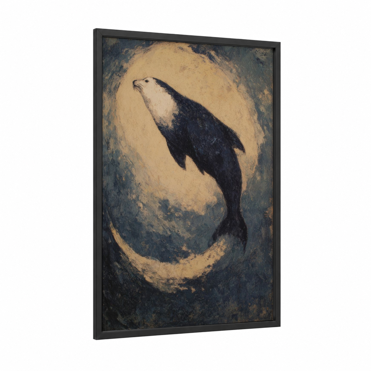Moonlit Sea Lion framed art print — black wood frame — cream and black and white palette