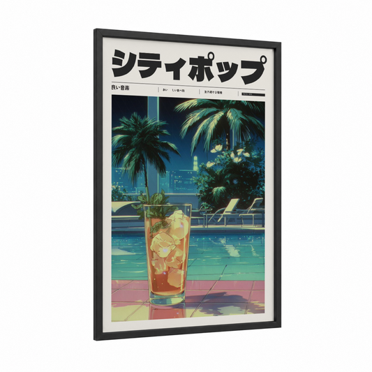 Neon Poolside Drink framed anime and manga print — black wood frame — teal and magenta palette