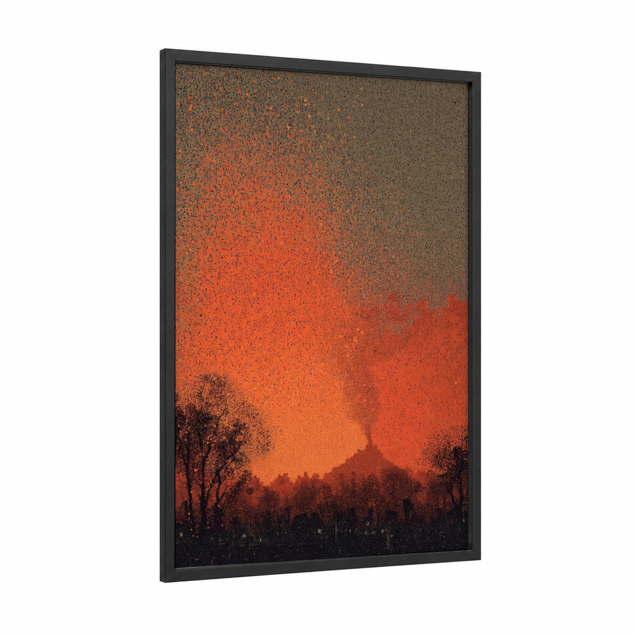 Crimson Volcano Sunset framed art print — black wood frame — red and orange palette