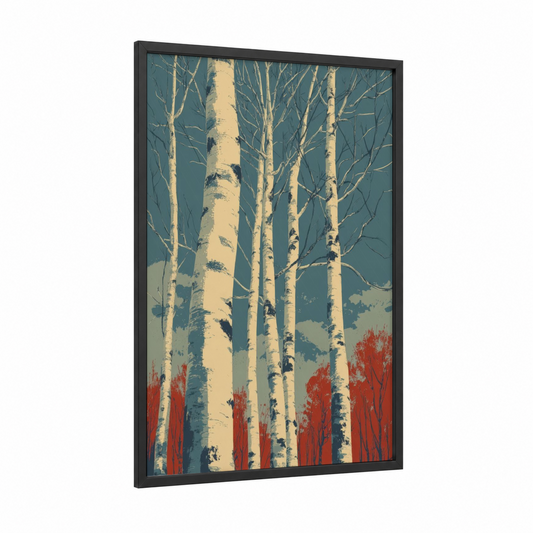 Autumn Birch Forest framed birch tree print — black wood frame — teal and cream palette