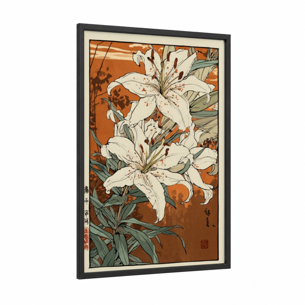 Amber Amarillys framed art print — black wood frame — gold and cream palette