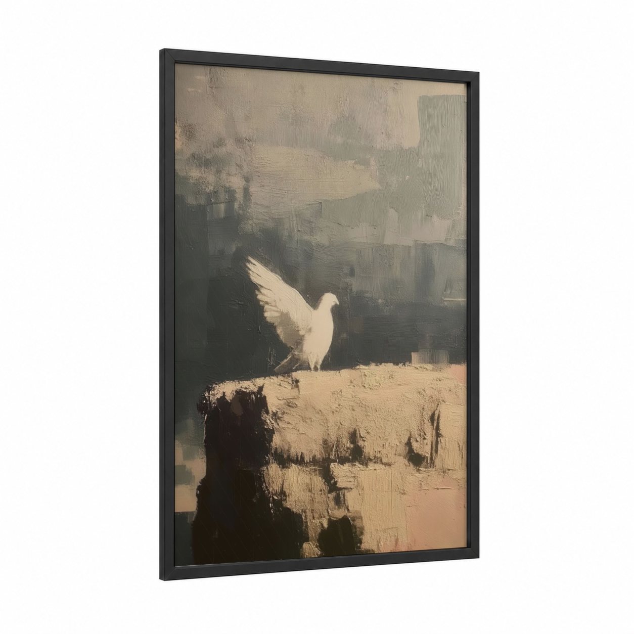 Perched Dove framed art print — black wood frame — beige and gray palette