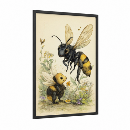 Garden Wasps framed art print — black wood frame — cream and gold palette