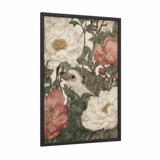 Hedgehog Bloom framed art print — black wood frame — cream and sage green palette