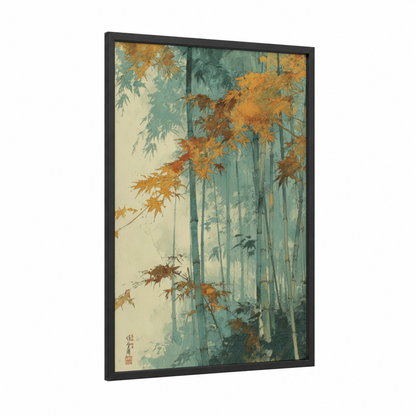 Autumn Bamboo Forest framed bamboo jungle print — black wood frame — gold and teal palette