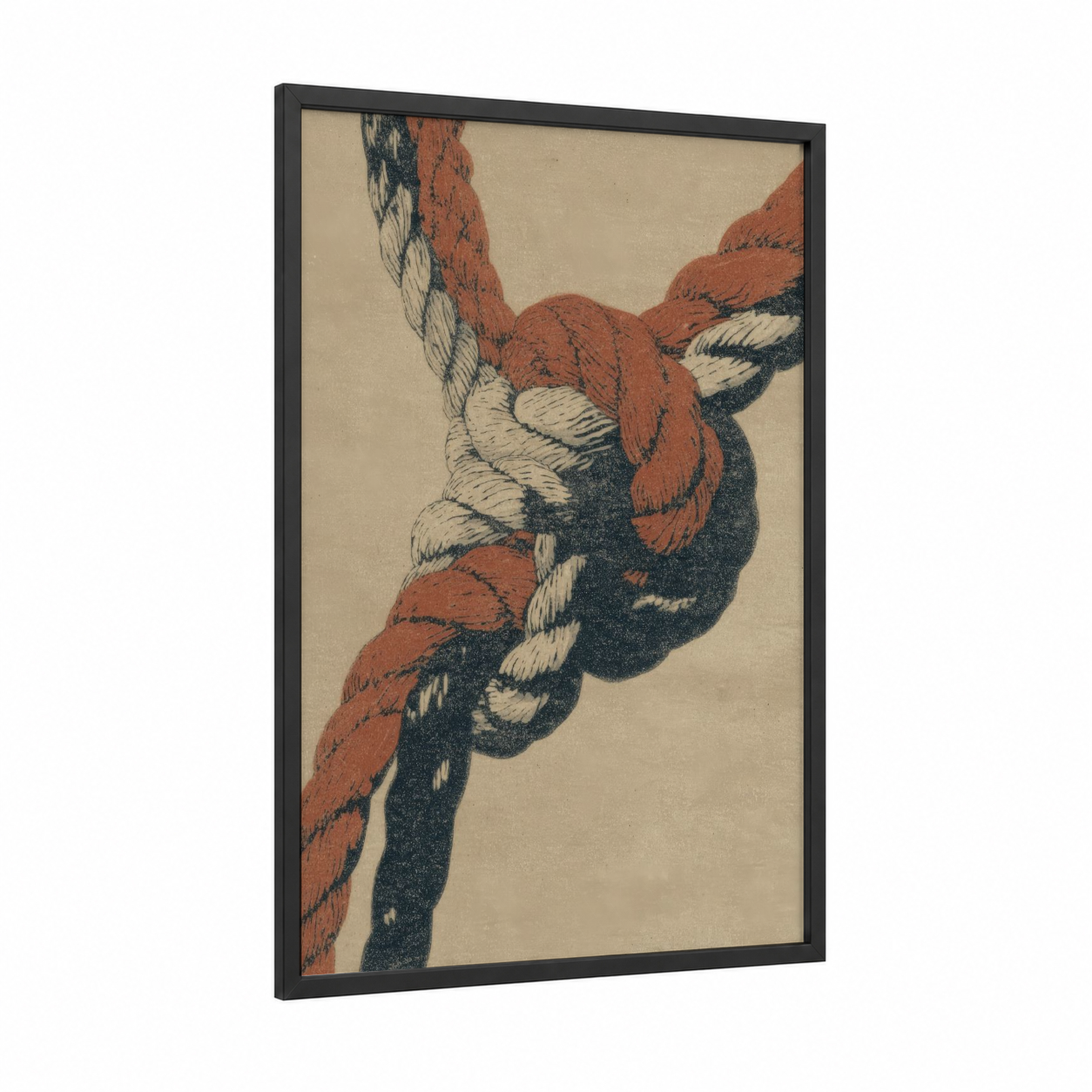 Twisted Nautical Knot framed rope knots print — black wood frame — russet palette
