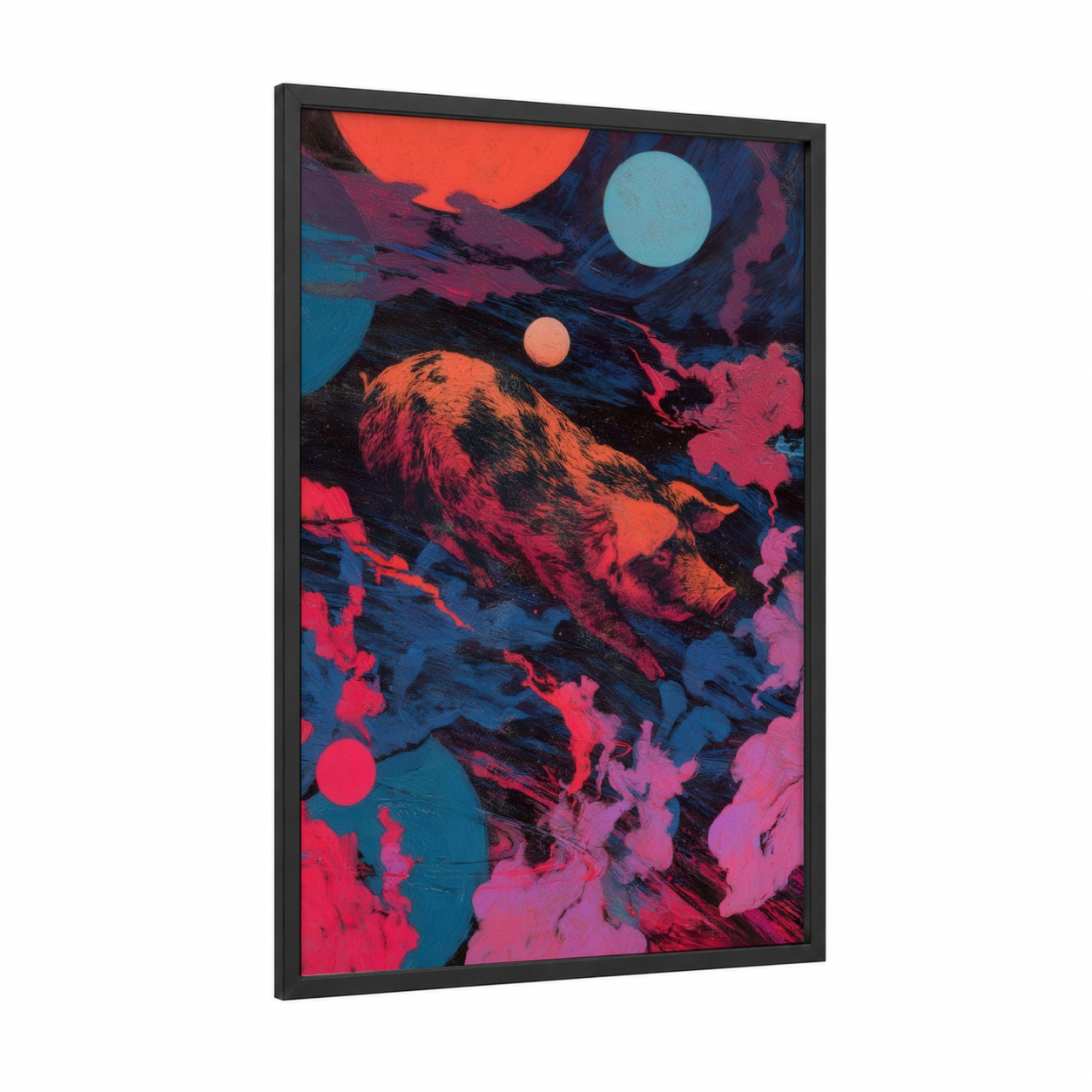 Cosmic Pig framed art print — black wood frame — magenta and orange palette