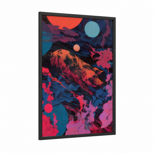 Cosmic Pig framed art print — black wood frame — magenta and orange palette