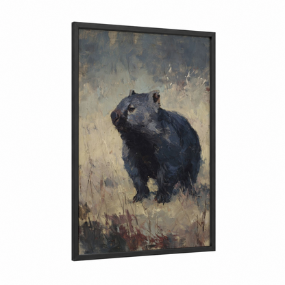 Contemplative Wombat framed art print — black wood frame — gray and cream palette