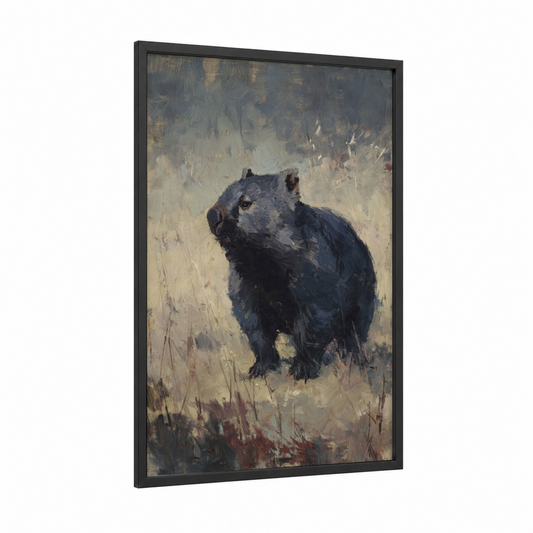 Contemplative Wombat framed art print — black wood frame — gray and cream palette