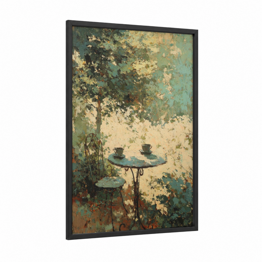 Shaded Coffee Moment framed art print — black wood frame — teal and gold palette