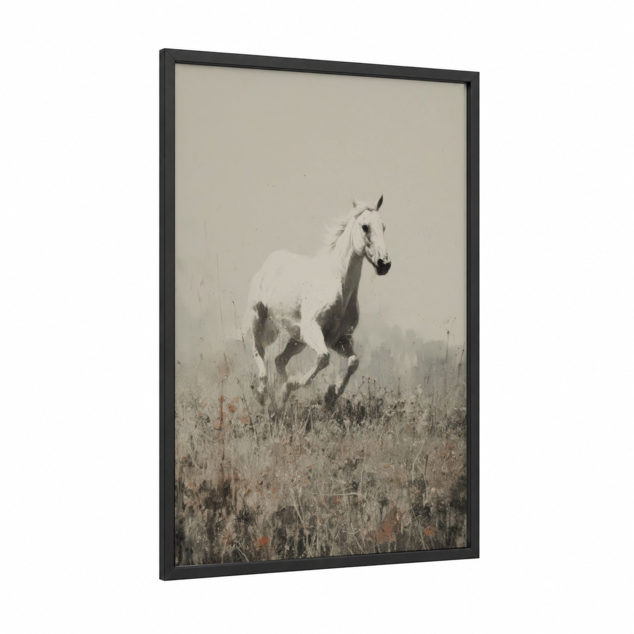 Misty Thoroughbred framed thoroughbred horse print — black wood frame — gray and white and nobel palette