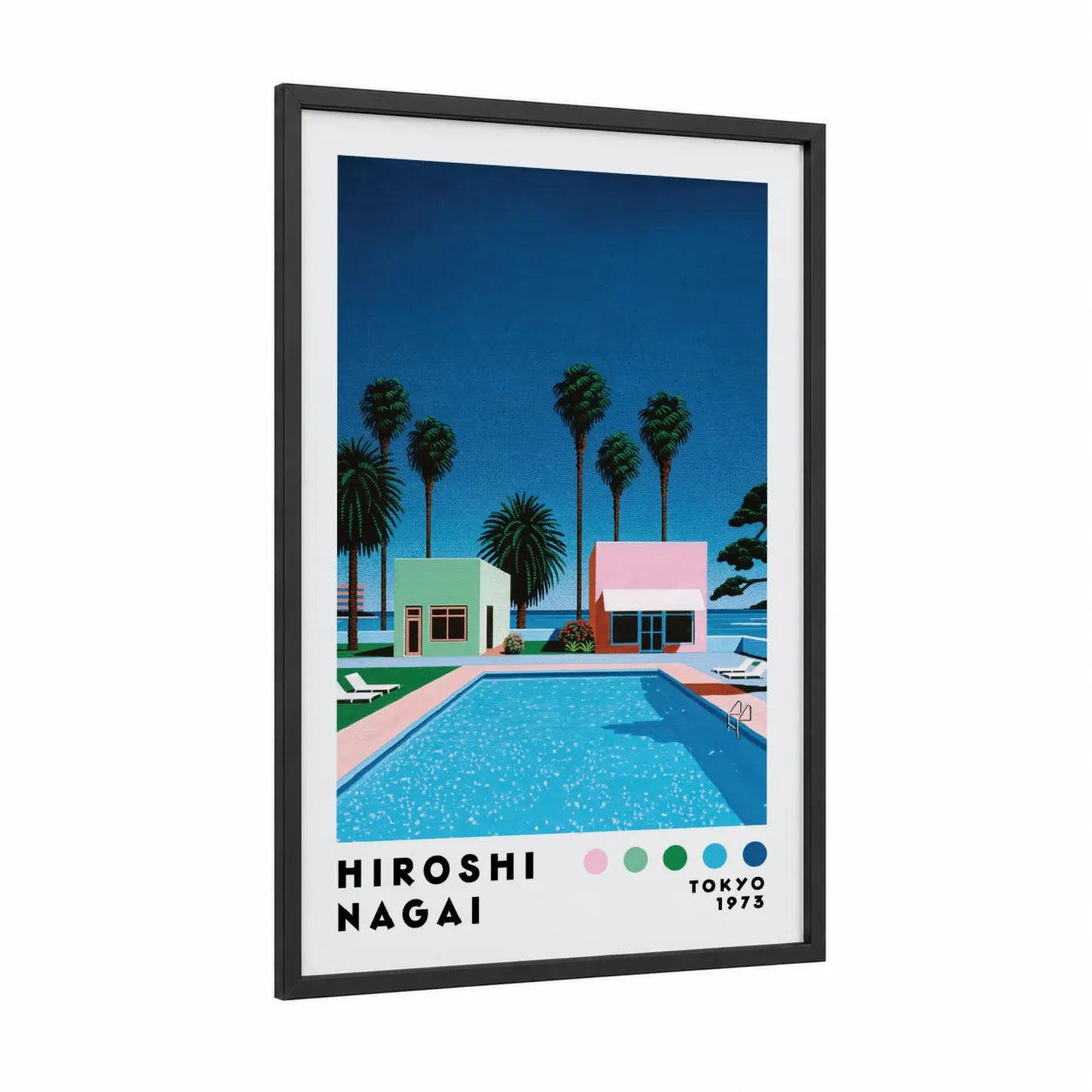 Palm Tree Pool House Wall Art framed art print — black wood frame — blue and turquoise palette