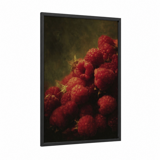 Crimson Raspberries framed fruit print — black wood frame — red and gold palette