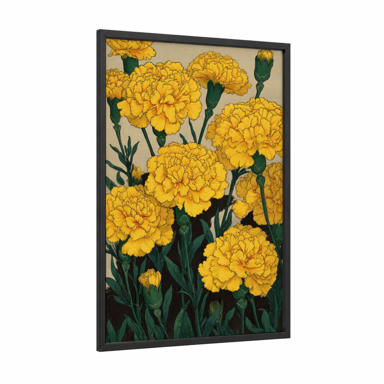 Golden Carnations framed art print — black wood frame — yellow gold and dark green palette
