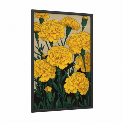 Golden Carnations framed art print — black wood frame — yellow gold and dark green palette