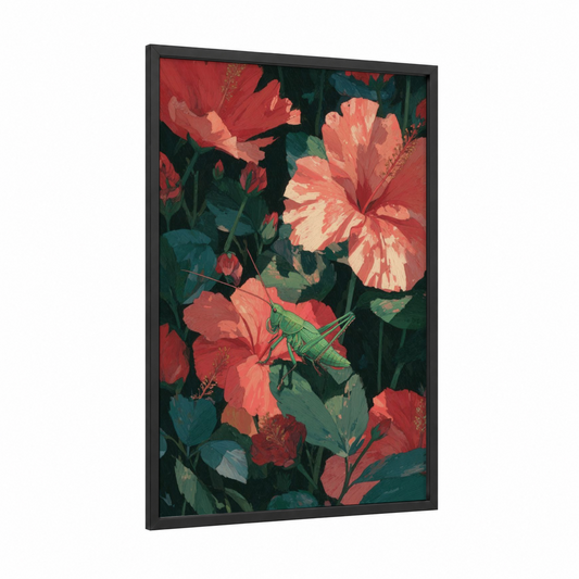 Hibiscus Grasshopper framed art print — black wood frame — red and dark green palette