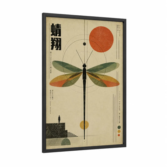 Japanese Dragonfly Geometric Wall Art framed art print — black wood frame — beige and orange palette