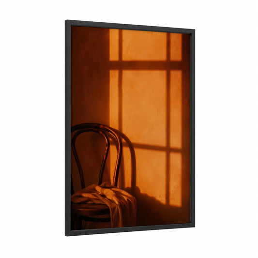 Sunset Window Shadow Wall Art framed art print — black wood frame — orange and espresso palette