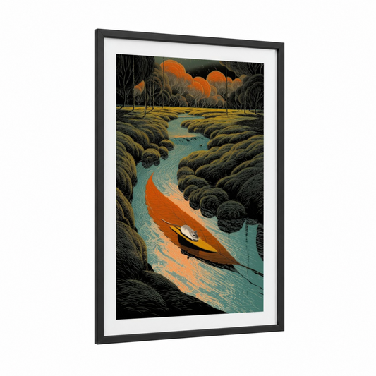 Sunset Kayak Gerbil framed art print — black wood frame — orange and teal palette