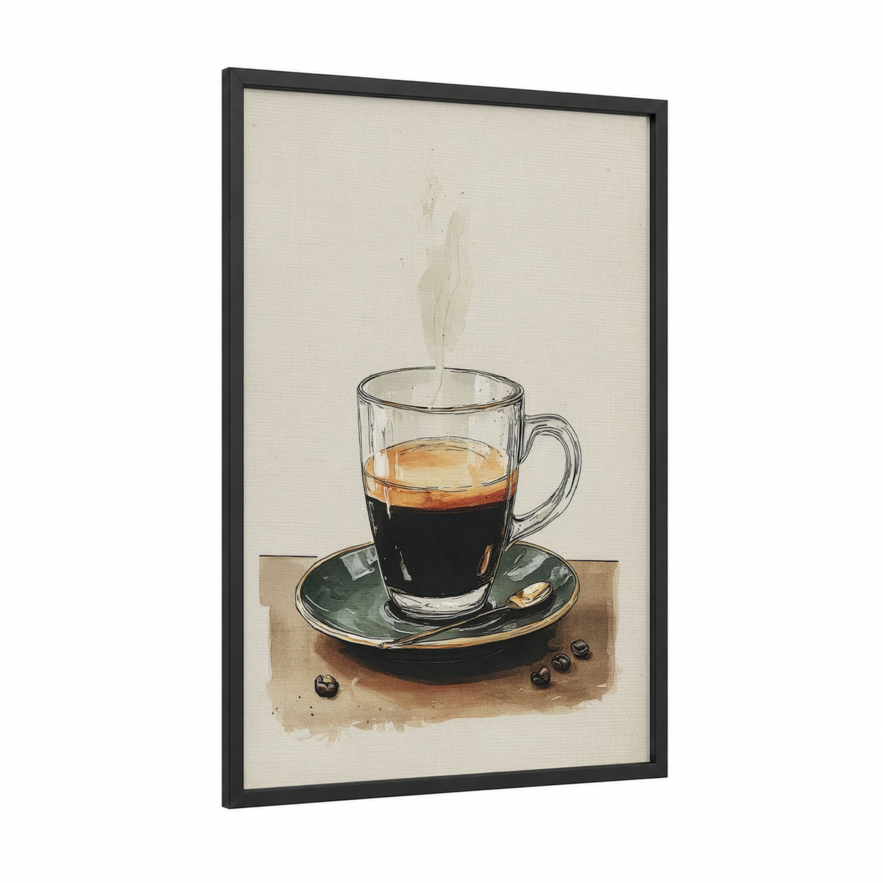 Steaming Coffee Moment framed art print — black wood frame — cream and sage green palette
