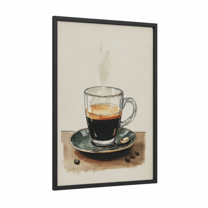 Steaming Coffee Moment framed art print — black wood frame — cream and sage green palette