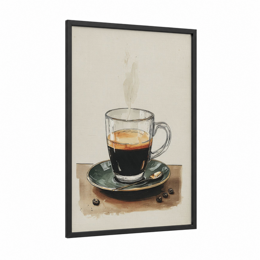 Steaming Coffee Moment framed art print — black wood frame — cream and sage green palette