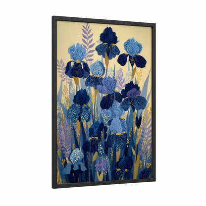 Midnight Iris Garden framed art print — black wood frame — blue and gold palette